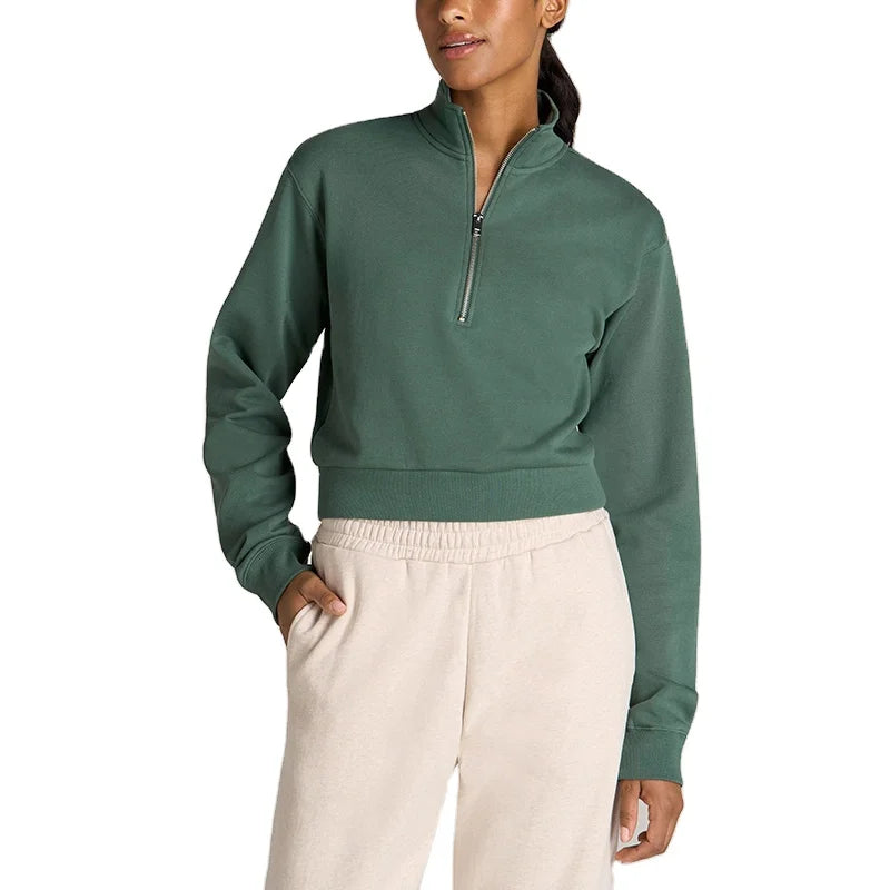 Custom Women's Cropped Top Half Zipper Sweatshirt Winter Cotton Poly Brushed Fleece with Embroidery Printing Logos