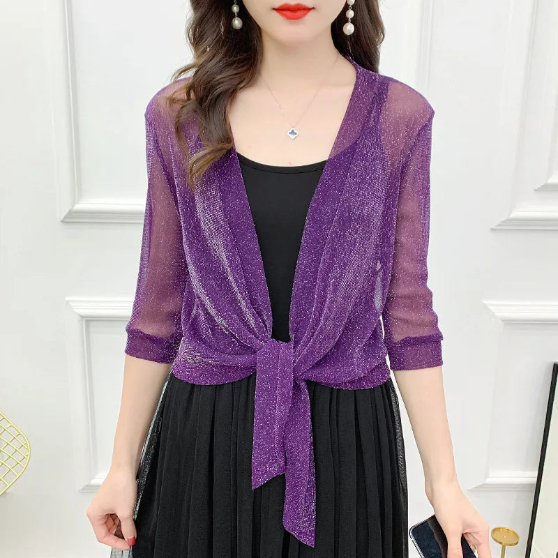 Trendy Summer Ladies Thin Cardigan Half Sleeve Lace Jacket Waist Knot up Thin Short Coat Shawl Sunscreen Jacket Cardigan