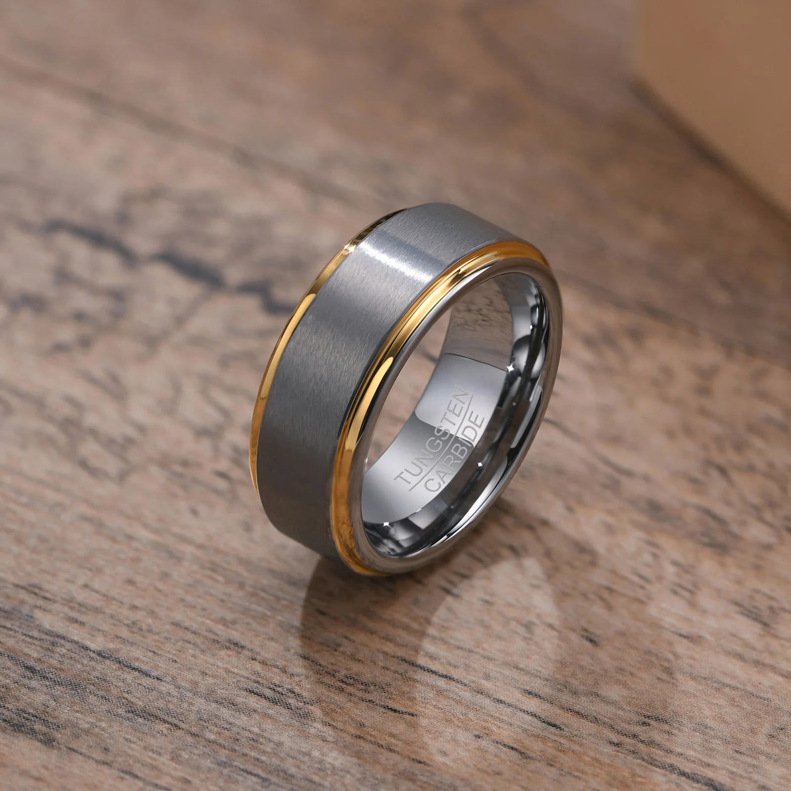 Poya Jewelry Trendy Men's Comfort Fit Gold Plated Steped Polished Finish 8mm Silver Tungsten Ring