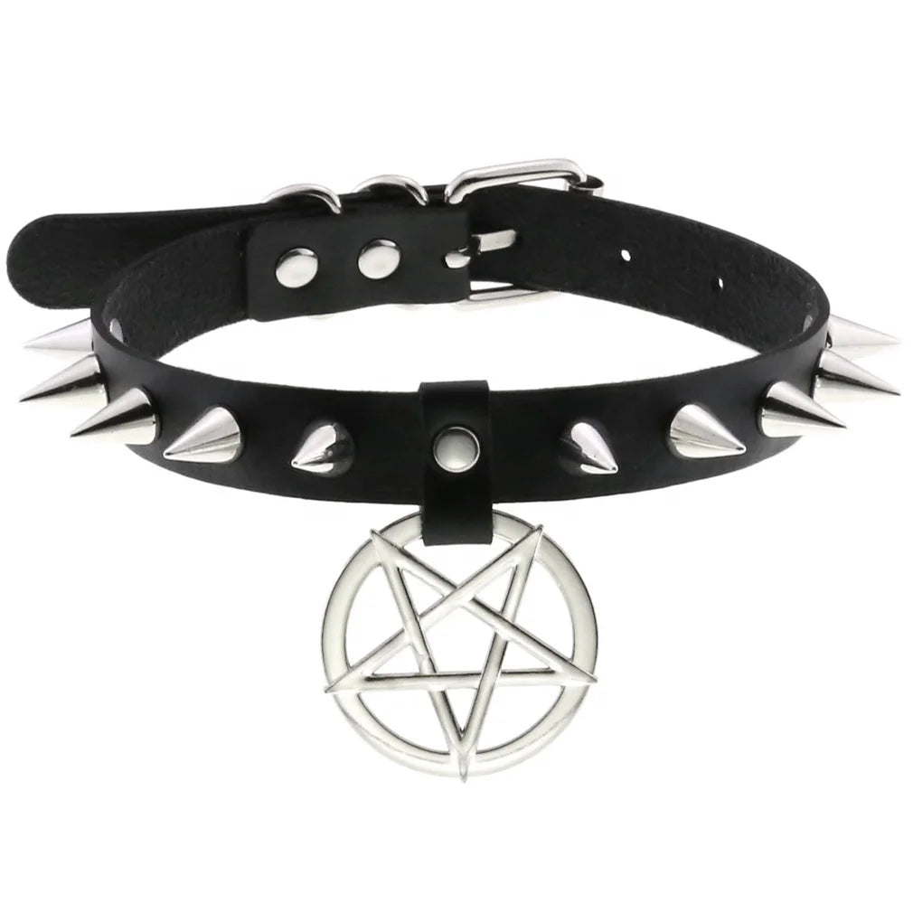 Gothic Punk Leather Choker Rivet Star Pendants Collar Necklace
