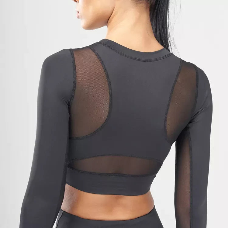 Wholesale Price Mesh Women Regular Fit Long Sleeve Crew Neck Yoga Custom Logo Fitness Crop Top Breathable Recyclable Plus Size