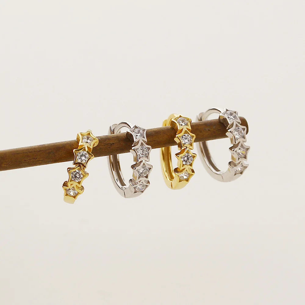 Fashion Jewelry 925 Sterling Silver Geometry CZ Zircon Five-pointed Star Shape Gold Plated Hoop Earring Jewelry for Women Set