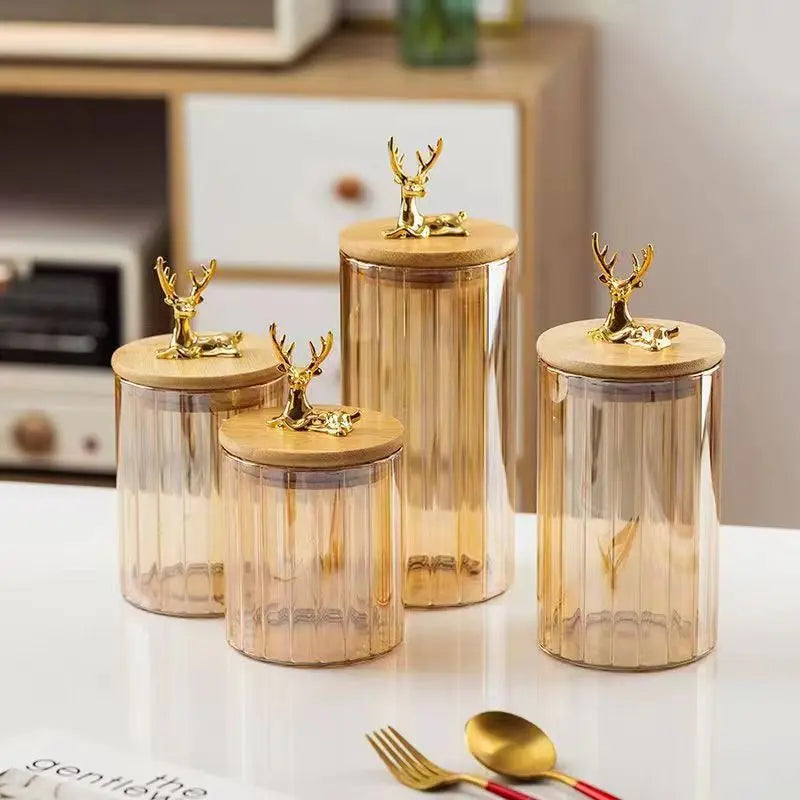 Kitchen Food Storage Container Glass Spice Jar with Bamboo Lids Elk Stripe sealed Jar Moisture-proof Large Capacity Jar