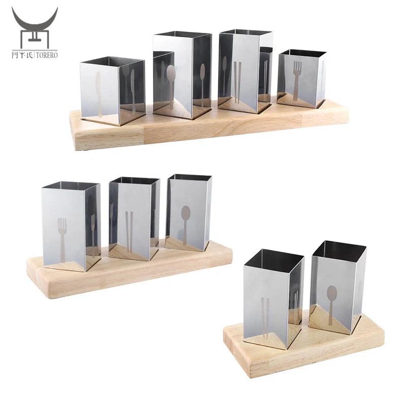 Wholesale  Kitchen Utensil Holder Cutlery Drainer Stainless Steel Tableware Storage Organizer Holder with Wooden Base