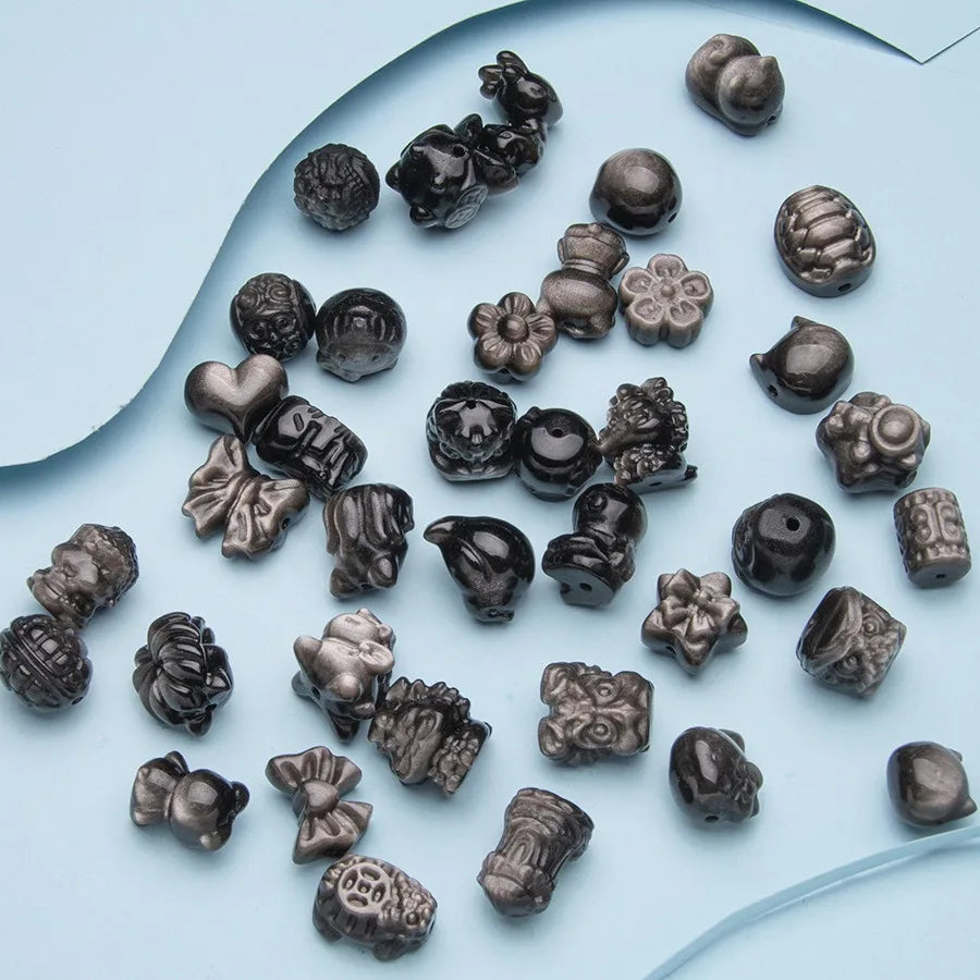 Natural Silver Obsidian Beads for Jewelry Craft DIY Small Animal Carving-Loin Cat Claw Fox Butterfly Multi Designs