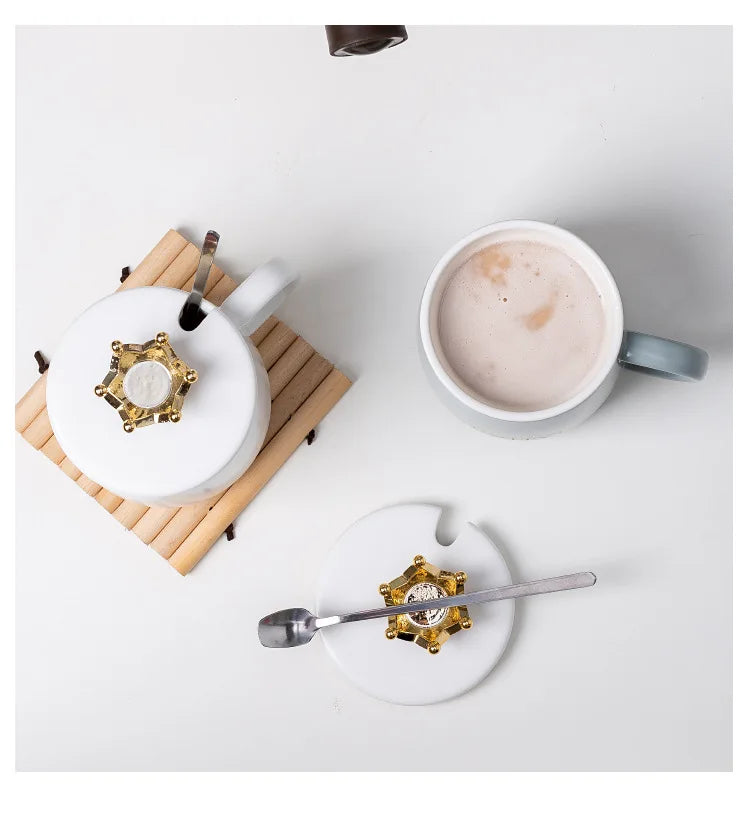 Customized Crown Lid Ceramic Coffee Mug Porcelain Water Cup Coffee Cup with Spoon and Lid