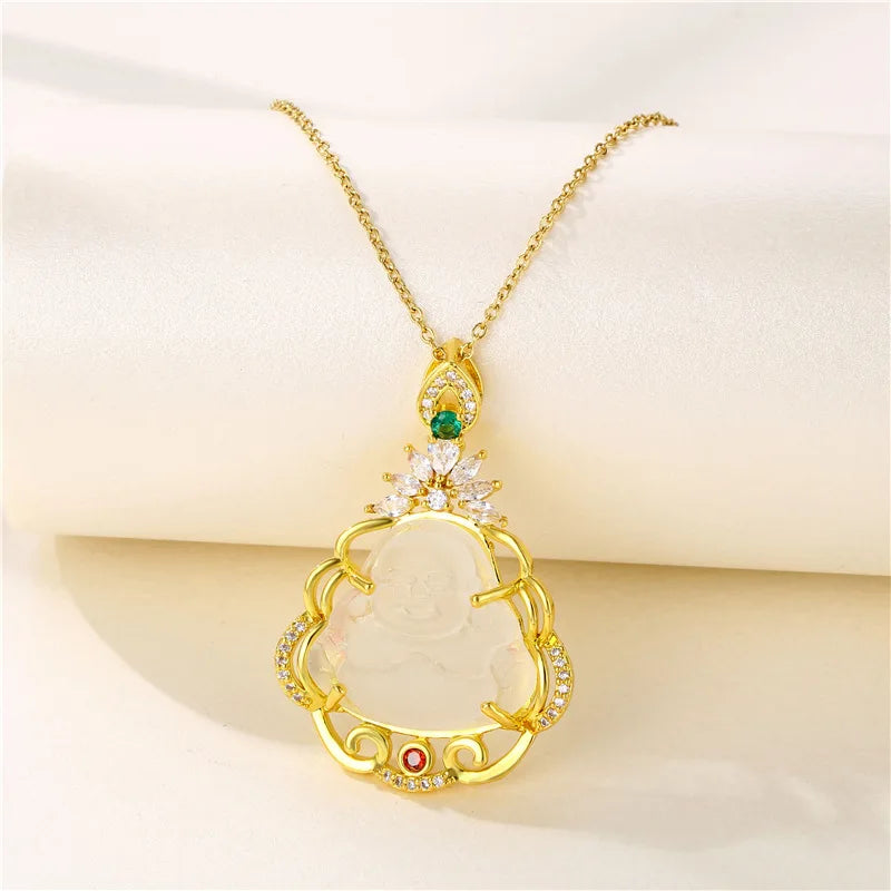 Hot-Sale Jade Buddha Pendant Necklace Adjustable Stainless Steel Gold Plated Chain Maitreya Buddha Necklace Pendant Zircon