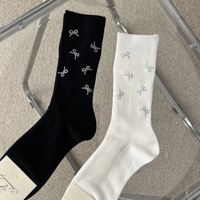 Wholesale Luxury Women's Cotton Socks with Glitter Bow Breathable and Sparkling for Spring and Autumn Ankle Length