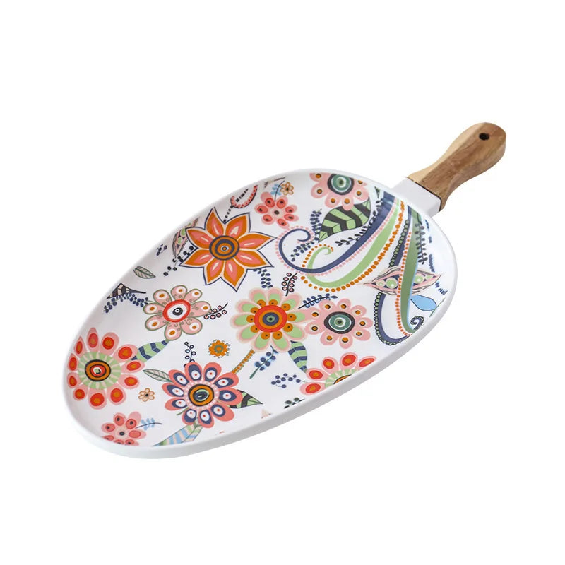 Wholesale Creative Ceramic Dinner Plate Luxury Design Wooden Handle Oval Steak Dish Home Restaurant Use PC Material Kitchenware