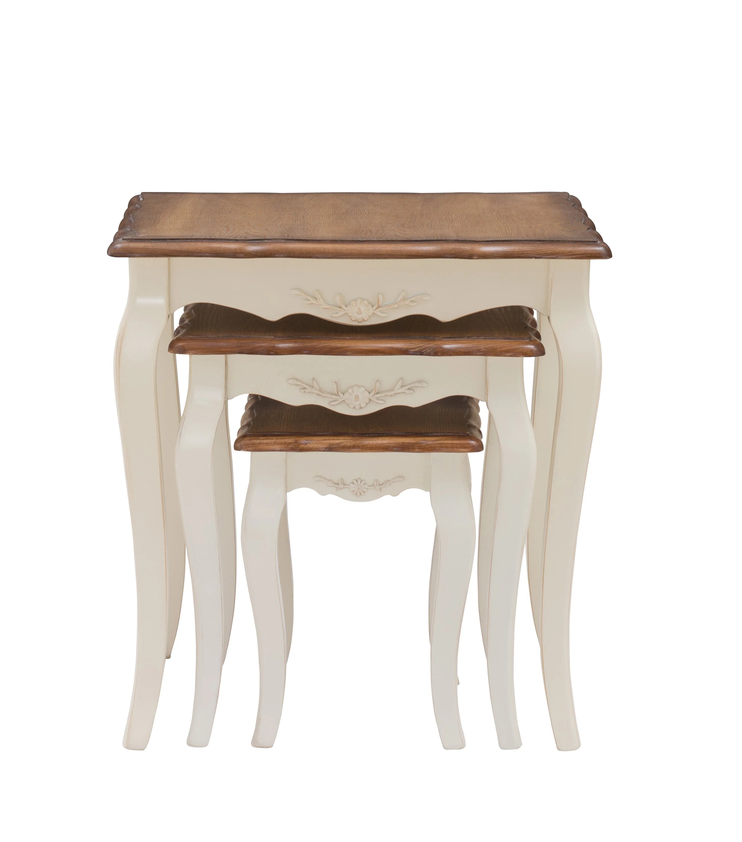 French Country 3-Piece Nesting Table Set White and Brown Finish with Floral Carvings