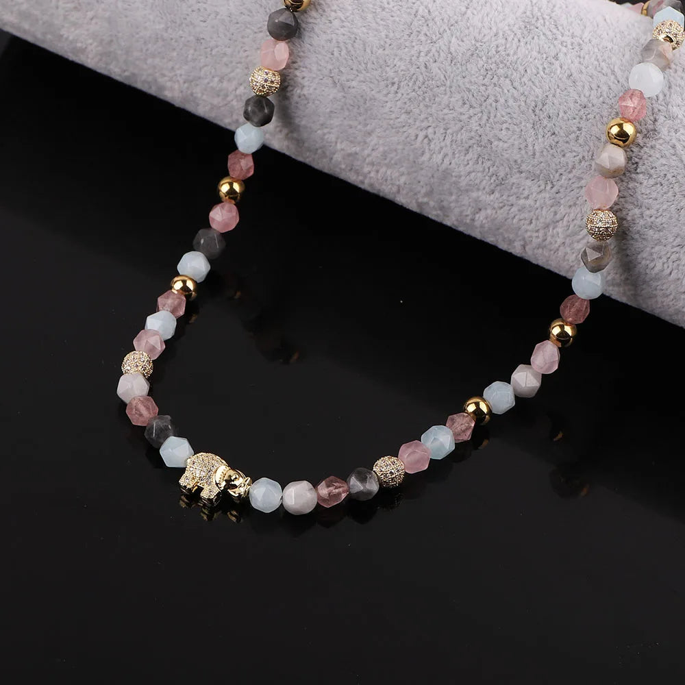 Cute Design Faceted Natural Stone Beads CZ Elephant Charm Choker Necklace for Women JNK9371