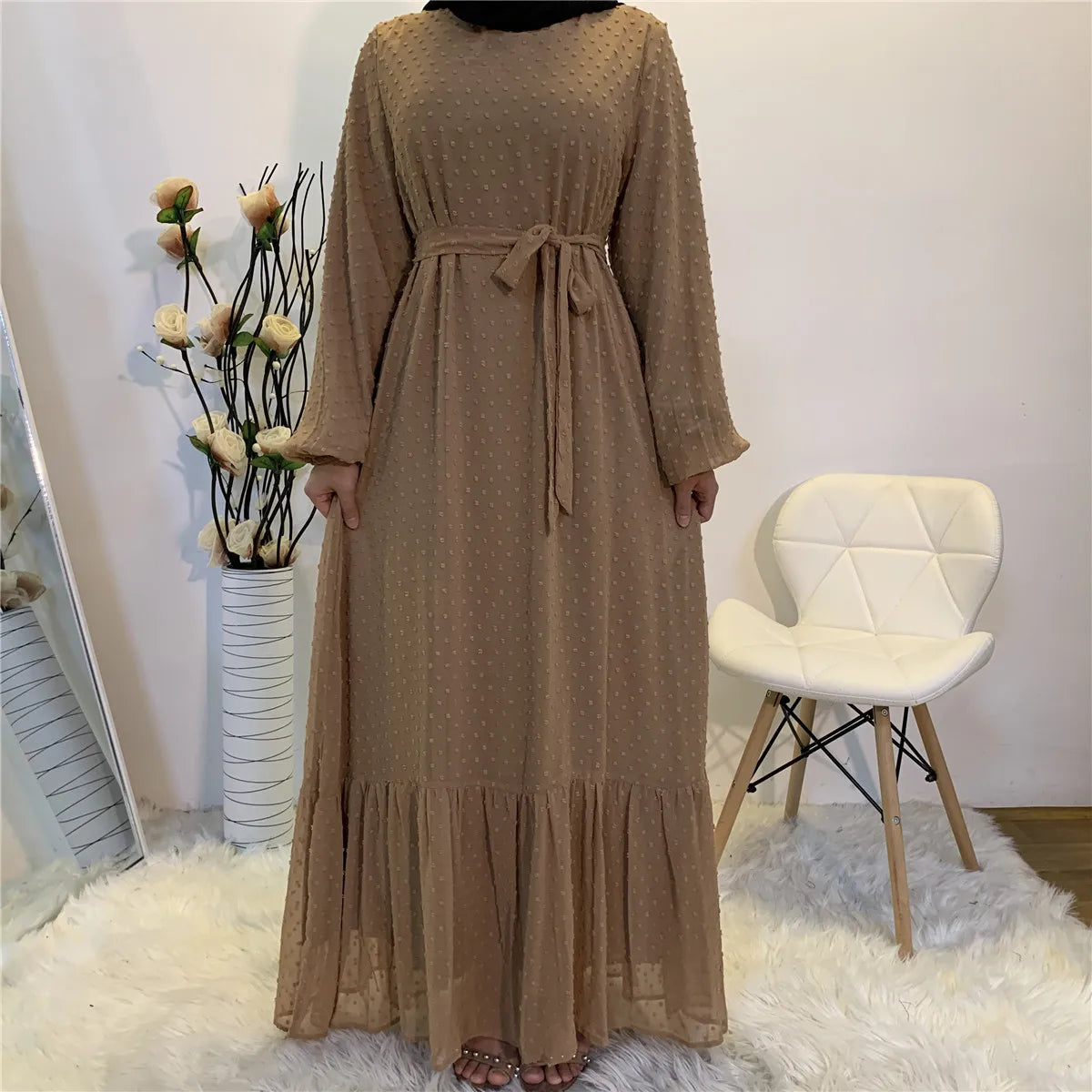 2021 Muslim Turkish Abaya Uk With Belt Polka Dot Chiffon Dress Women Dubai Abaya
