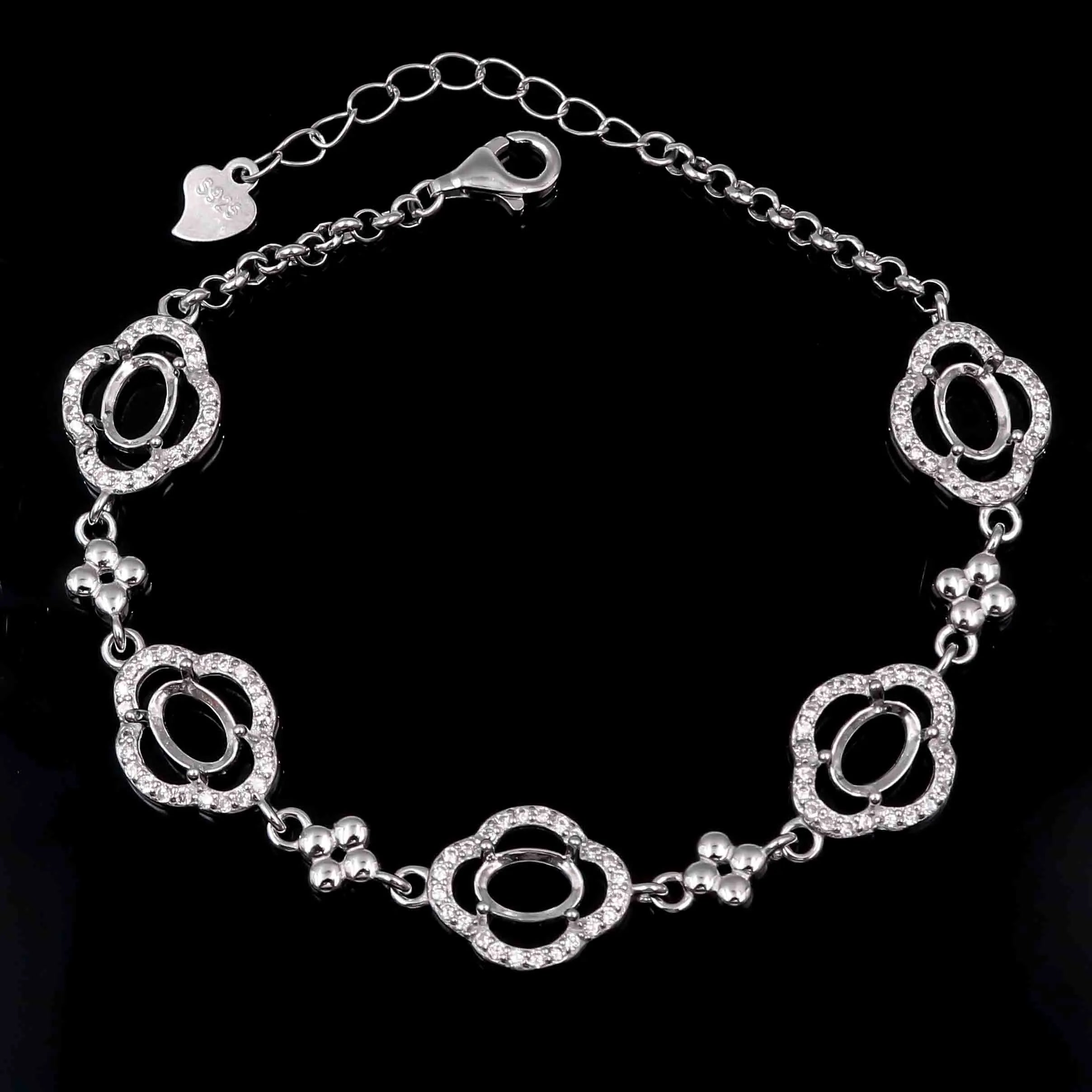 Sterling Silver 5*7mm Semi Mount Bracelet Empty Support Blank Claws Setting S925 Base Holder Without Center Stone for Inlay DIY