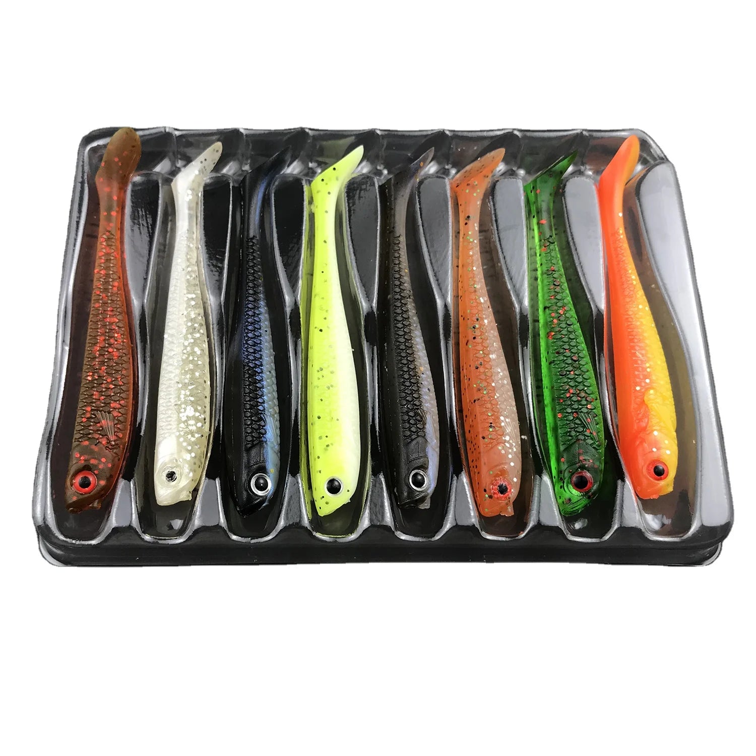 3D Eyes Soft Fishing Lure Set 75mm 2.8g 8pcs T Tail Shad Worm Bait Plastic Soft Lure PVC Soft Fish Lure for Bass Fishing