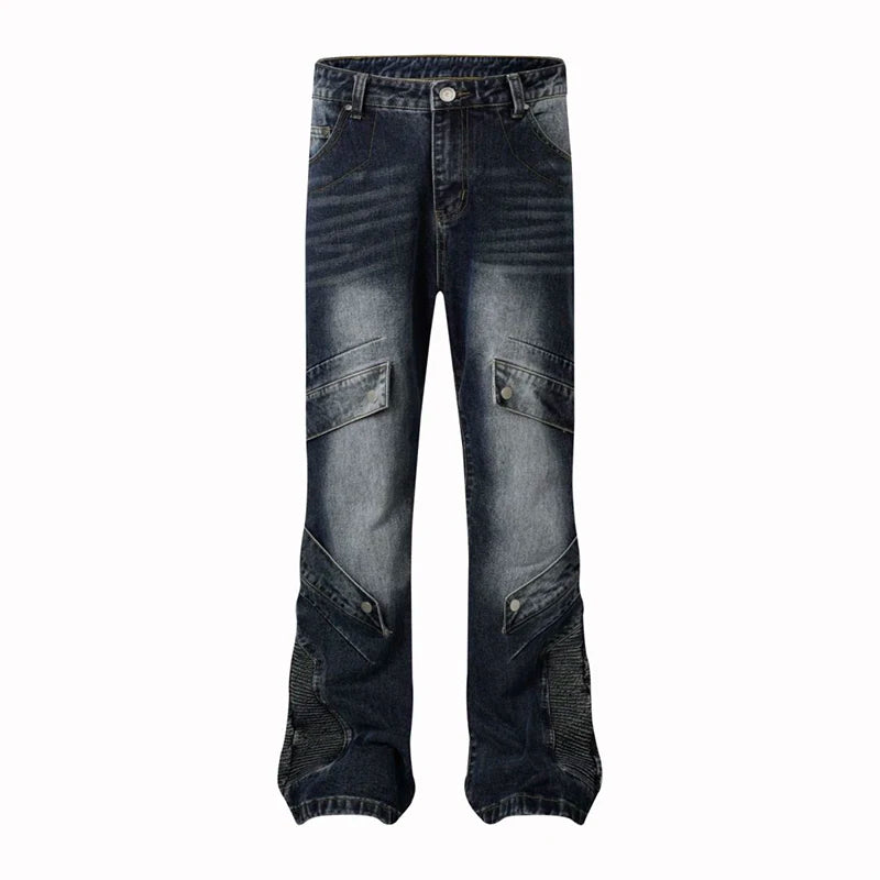 Men's Flared Jeans High Street Splicing Designjeans Men Slim Fit Mock Pocket Button Drop Waist Rock Revival Jeans Men
