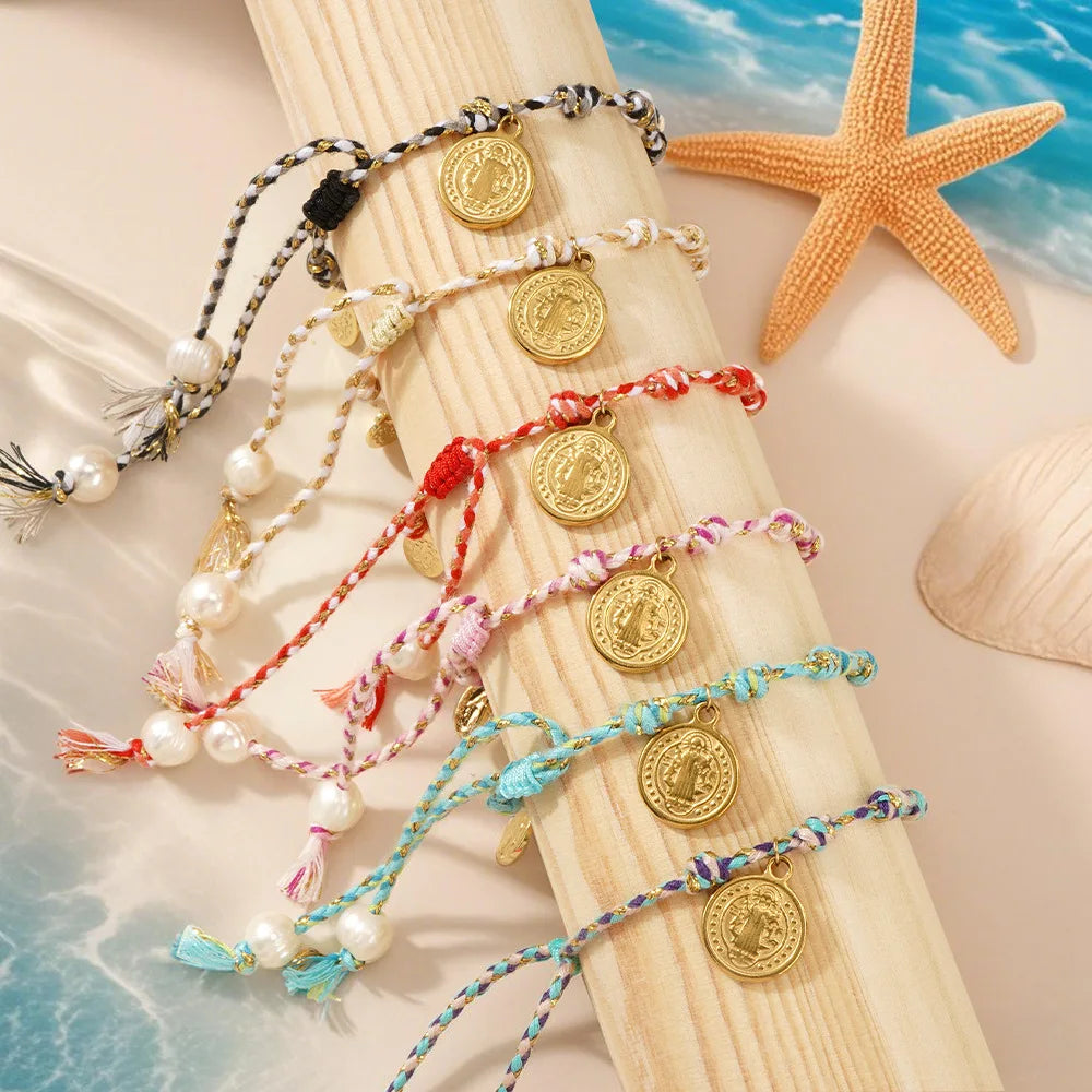 Fashion Boho Style Jesus Copper Bead Bracelet Hand Rub Cotton Rope Luxury Woven String Bracelet for Women