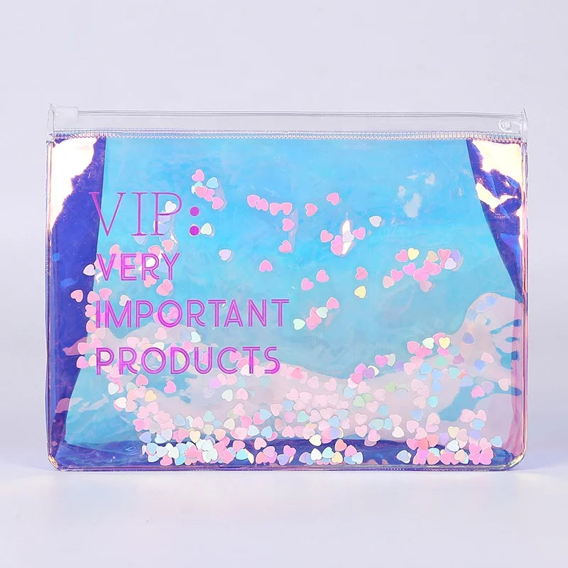 Elegant Custom PVC Holographic Travel Makeup Bag Organizer Zipper Closure Fashion Silk Plastic Cosmetic Handbag Portable