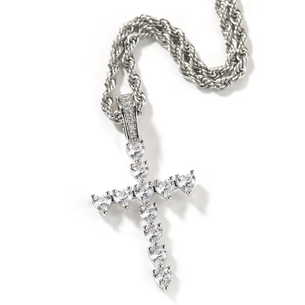 2024 New Arrival Men's Silver Cross Pendant with Heart Cut Zircon Diamond Iced Out Micro Pave Charm Necklace-Gift MegaBDM