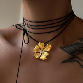 Dazan New 18k Gold Plated Tarnish Free Stainless Steel Vintage Hibiscus Flower Embossed Gypsy Bound Dancer 200CM Women Necklace