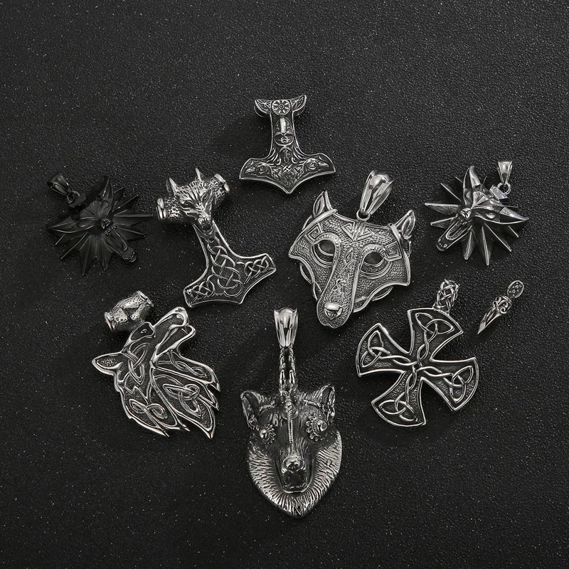 Kalen Noridc Norse Viking Norse Mjolnir Rune Amulet Jewelry Stainless Steel Thor Hammer Spearpoint Wolf Tooth Pendant Necklace