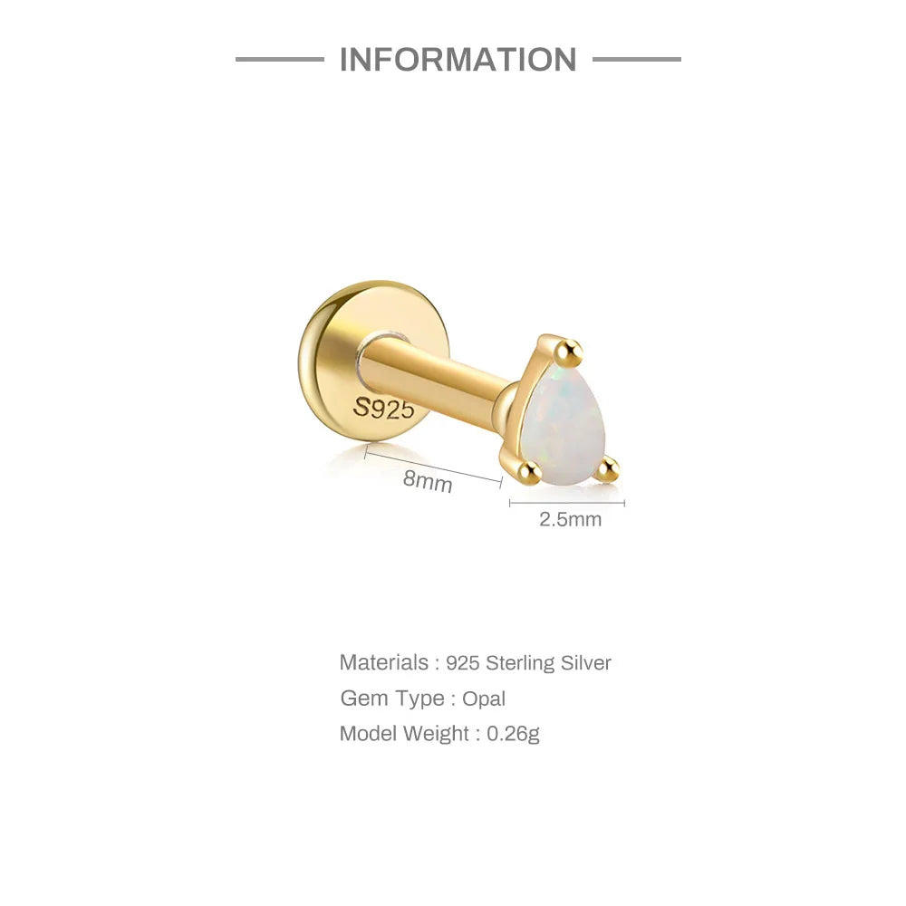 925 Silver Earrings Waterdrop Shape Opal Stud Earrings 18K Gold Plated Earrings 16G Flat Back Classic Style