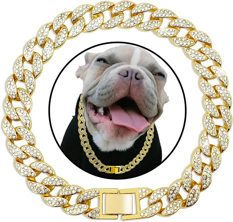 Luxury Tactical 15mm Diamond Gold Silver Dog Collar Solid Metal Cuban Link Chain with Alloy Jewelry Accessories