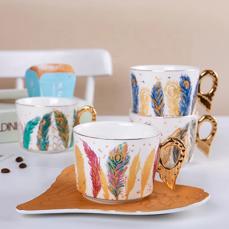 Angel Feathers Ceramic Small European Luxury Coffee Mug Saucer Set House Tea Cup MegaBDM