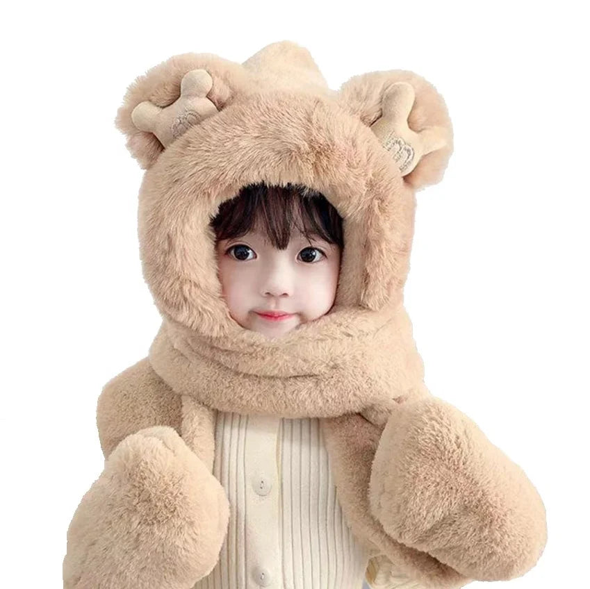 Wholesale Cute Bowknot Hooded Scarf Versatile 3-in-1 Kids Winter Warm Hat With Scarf Pocket Gloves