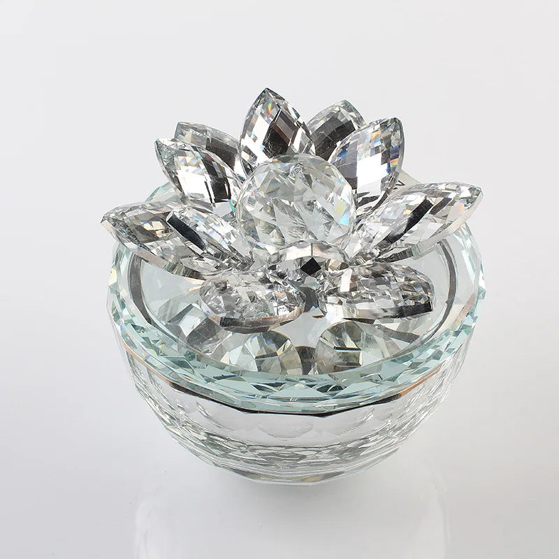 Silver Coating Diamond Glass Dish Crystal Jewelry Trinket Box with Lotus Lid MH-QT0466