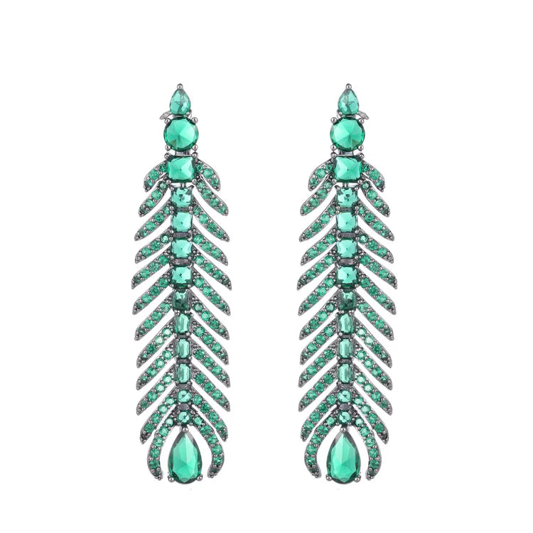 Emerald Crystal Zircon Handmade Feather Long Dangle Earrings for Ladies