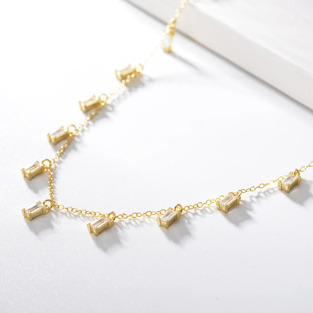LN0620 925 Sterling Silver Gold Rectangle Shape Zirconia Necklace for Women