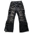 DENIMGUYS Custom Men's Vintage Wide Leg Black Denim Pants Washed Multi-Pocket Heavy Duty Distressing Cargo Jeans Men