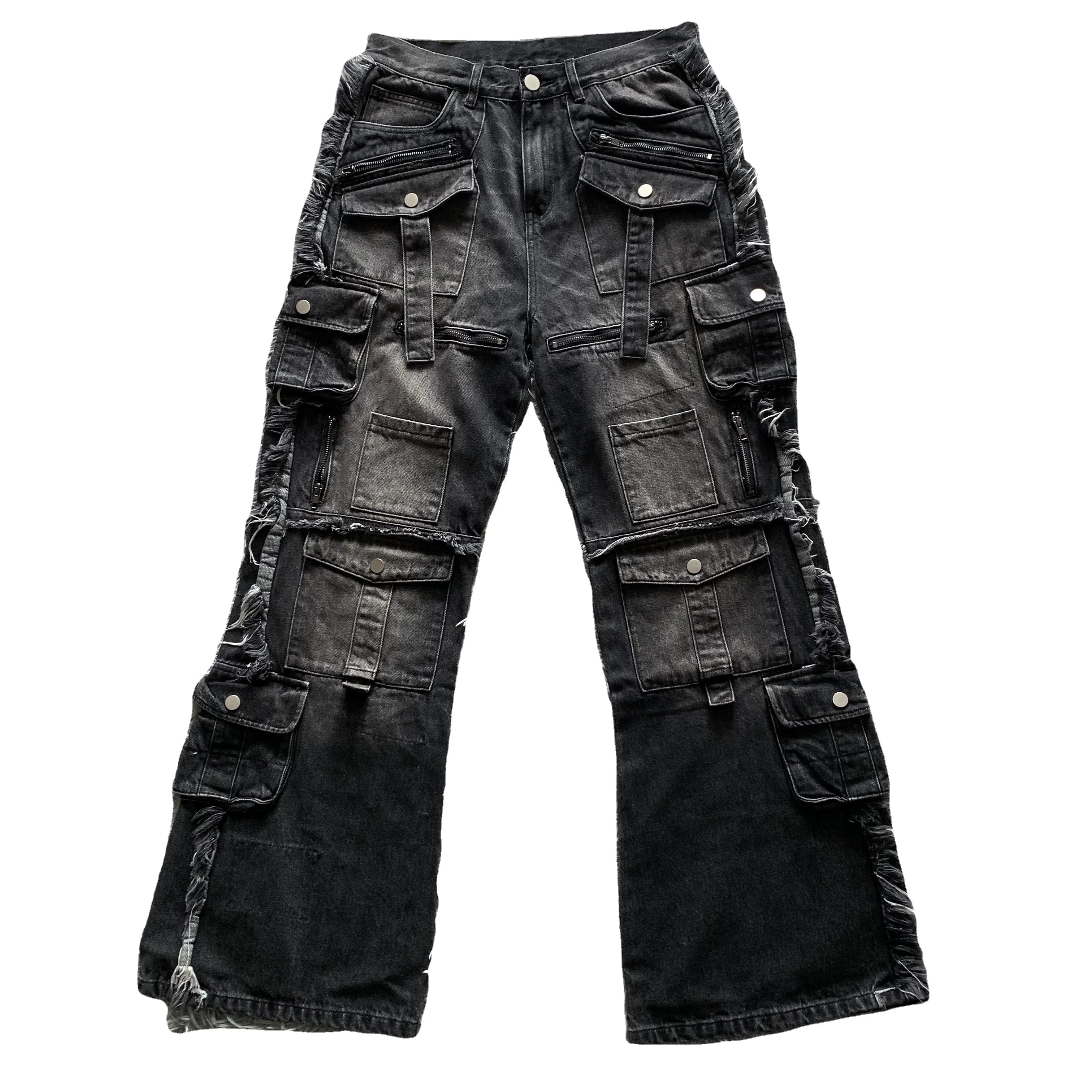 DENIMGUYS Custom Men's Vintage Wide Leg Black Denim Pants Washed Multi-Pocket Heavy Duty Distressing Cargo Jeans Men