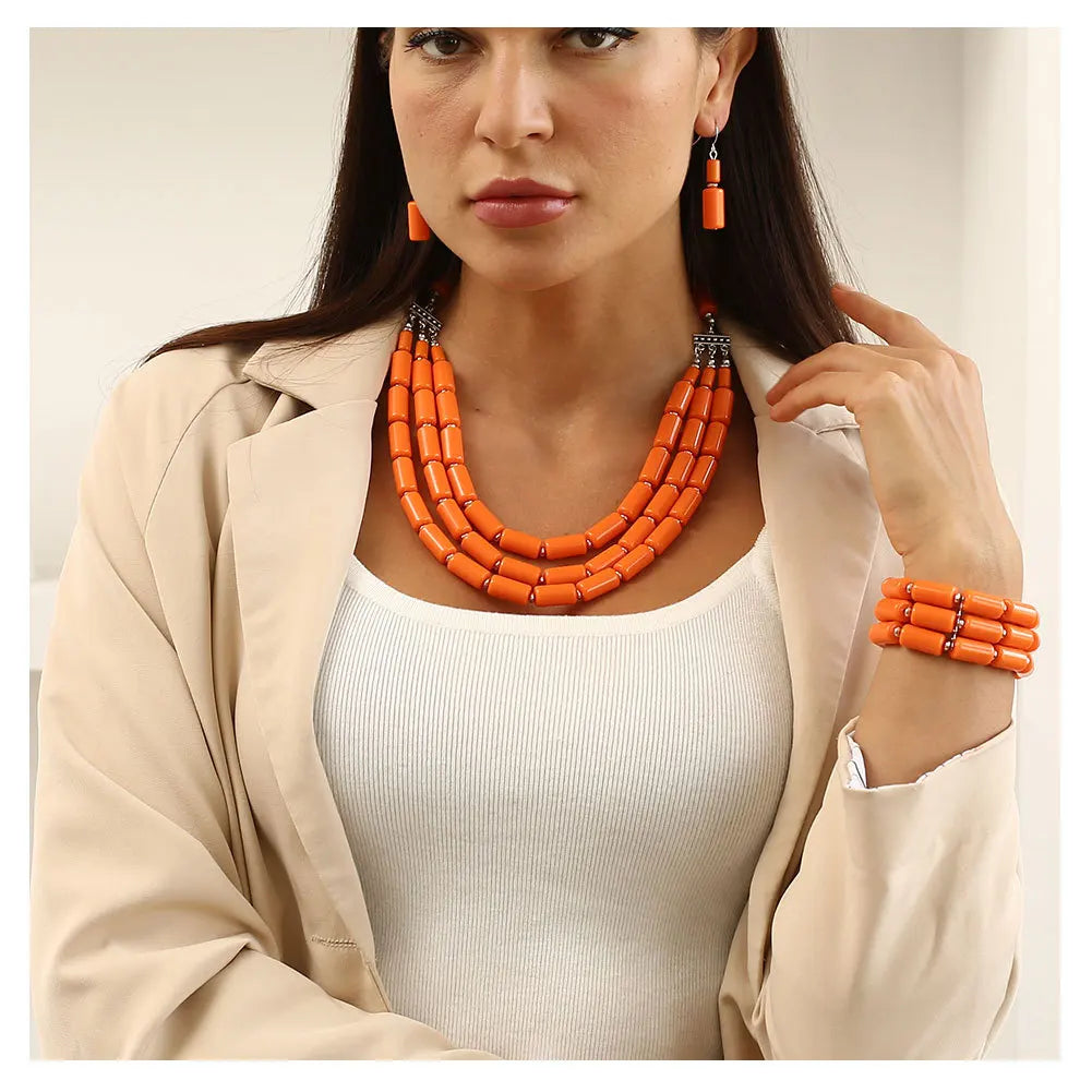 African Style Jewelry Necklace Set Beaded Multi-layer 3pcs Necklace Earrings Bracelet Set for Women