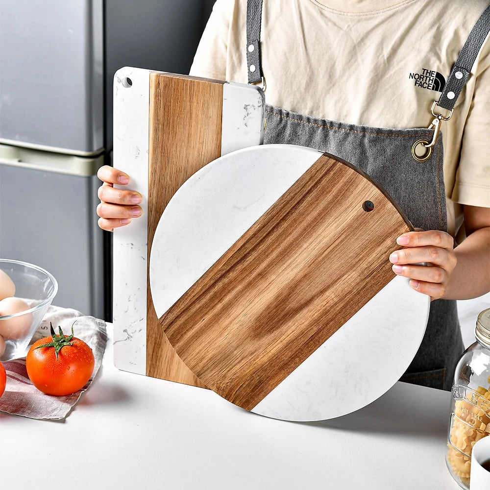 2024 New Marble Stitching Acacia Wood Double-Sided Cutting Board Round Steak Beef Fruit Bread Cheese Board