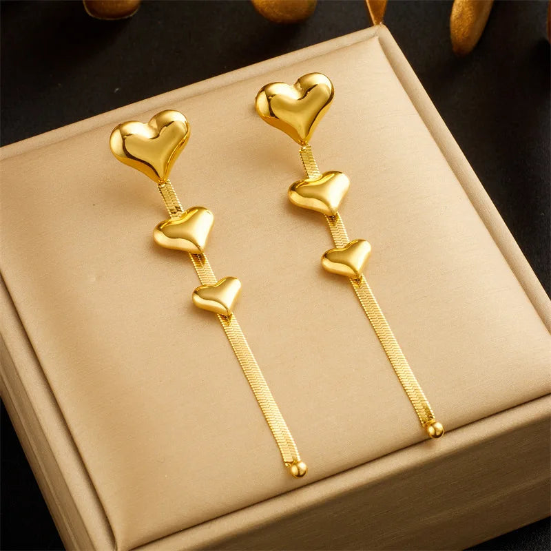Luxury European American Stainless Steel Pendant Earrings Long Chain Tassel Heart Geometric Design Trendy Fashionable Hoop
