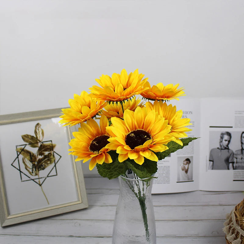 Factory Sale 7-Headed Silk Artificial Sunflower Yellow Wedding Flower Backdrop for Christmas Graduation Valentine's Day & Easter