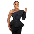 Fashion Elegant Plus Size Solid Color Mesh Stitching Bead Outfits for Women Wide Leg Pants Formal Suit Two Piece Women