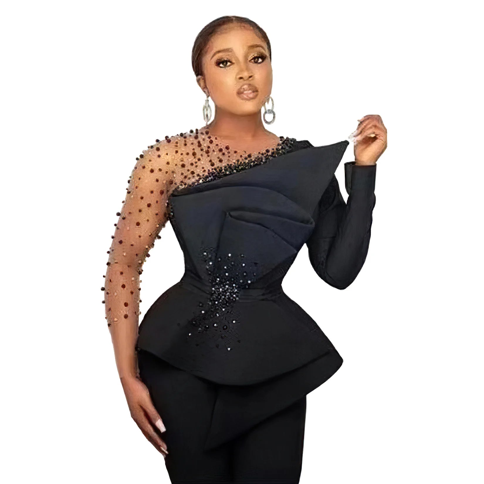 Fashion Elegant Plus Size Solid Color Mesh Stitching Bead Outfits for Women Wide Leg Pants Formal Suit Two Piece Women