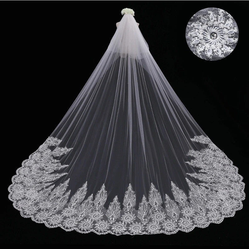 New Bridal Veil Long Train Luxury Veil Lace Bridal Veil Fabric Flowers