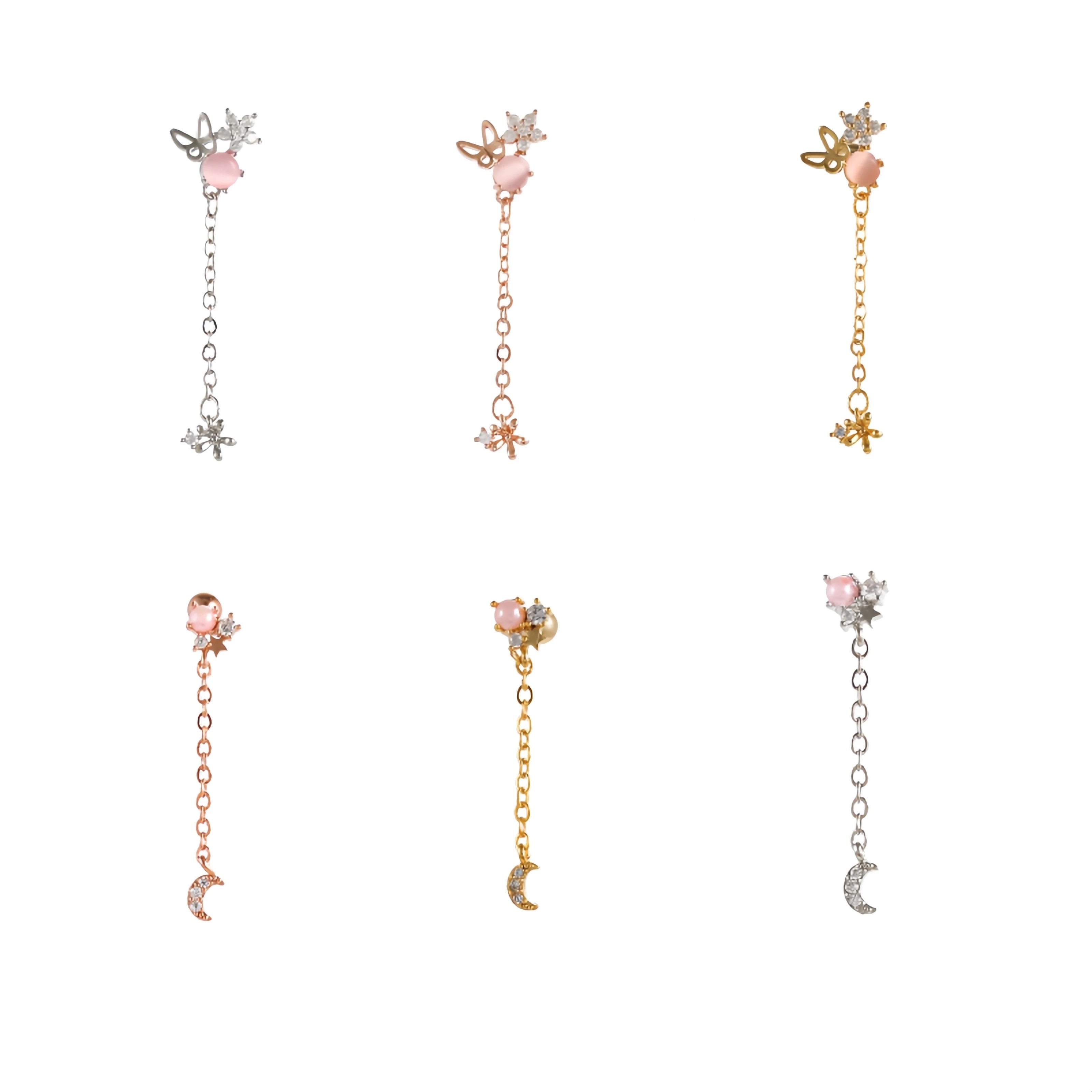 Fashion Women Stars Moon Ear Bone Stud Butterfly Metal Ear Jewelry Piercing Lock Ball Earring Stud With Long Chain