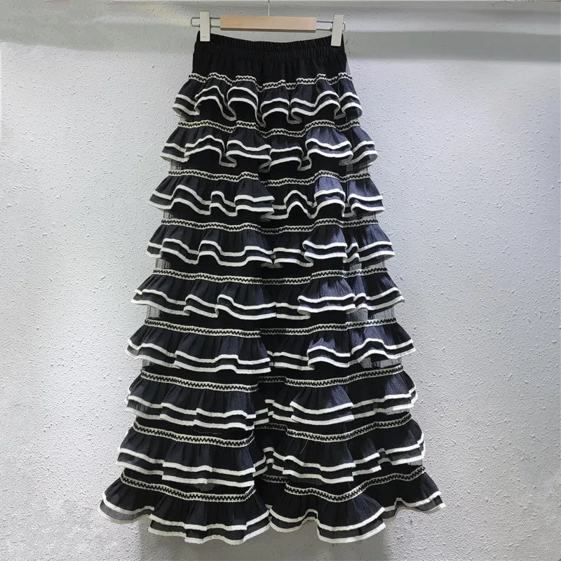 Boutique Wholesale 2025 Summer New Fashionable High Waisted Ruffled Edge Slimming Temperament A-line Women's Half Skirt