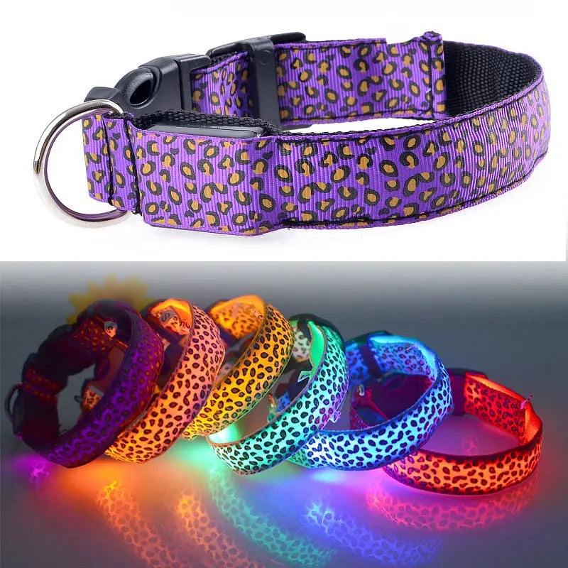 Leopard Print Adjustable Led Dog Collar for Small Medium Large Dogs