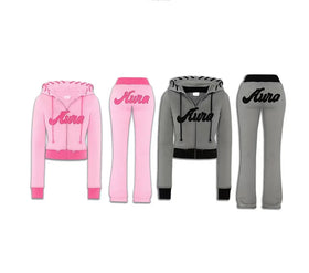 KY New Coming Femme Acid Wash Cropped Hoodie Contrast Rib Bands Distress Embroidery Flare Pants Sweatsuits