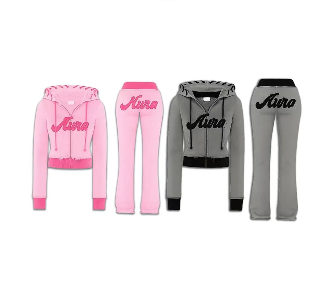 KY New Coming Femme Acid Wash Cropped Hoodie Contrast Rib Bands Distress Embroidery Flare Pants Sweatsuits