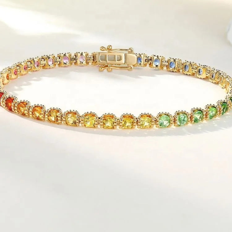 Ruyi Jewelry 18k Real Gold Lab Gem Sapphire Rainbow Ring Bracelet Earring Jewelry Set for Women Girl Lady