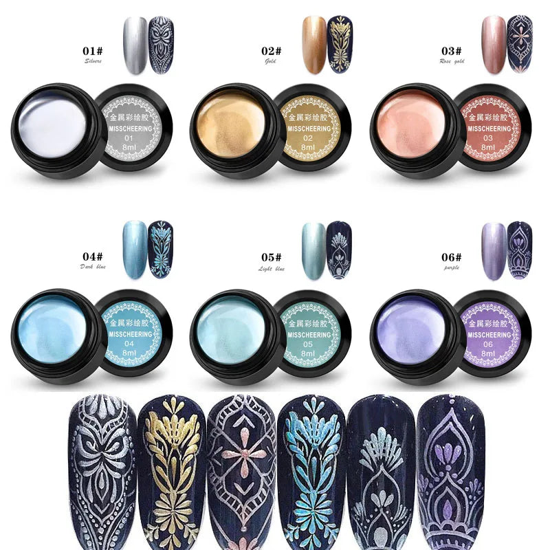 8ML Metallic Pulling Wire Painting Gel Nail Polish 3D Emboss Point to Line Silk Spider Mirror Drawing Gel Varnish