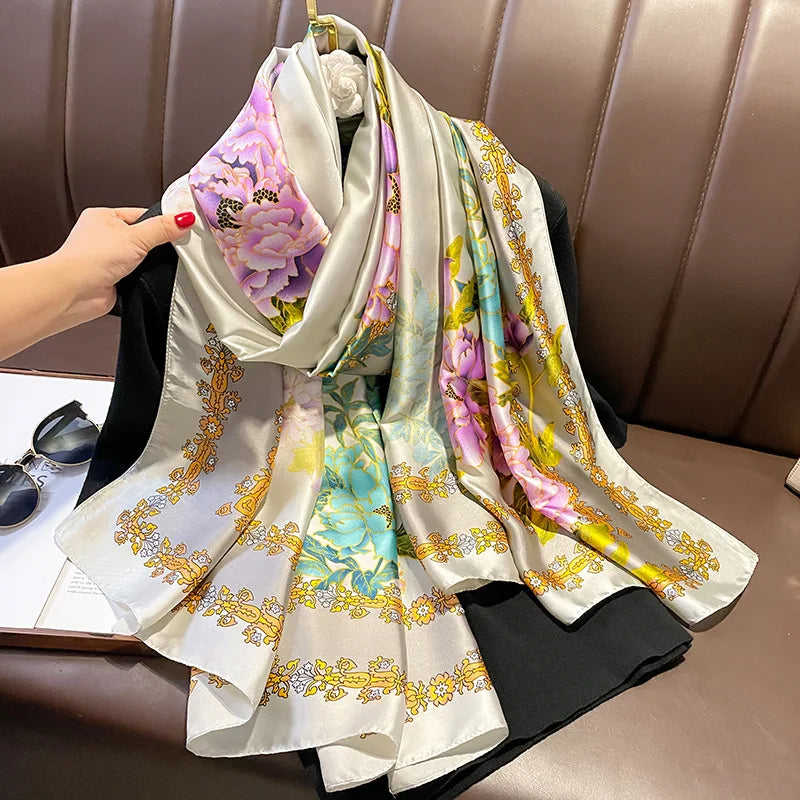 Custom Ladies 180*90cm Screen Printing Silk Scarf for Evening Dresses Spring Elegant Flower Pattern Muslim Women Silk Shawls