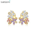 LUOTEEMI Woman Statement Art Designer Elegant Gold Plated Earing Lady Clip Zirconia Flower No Hole Earrings