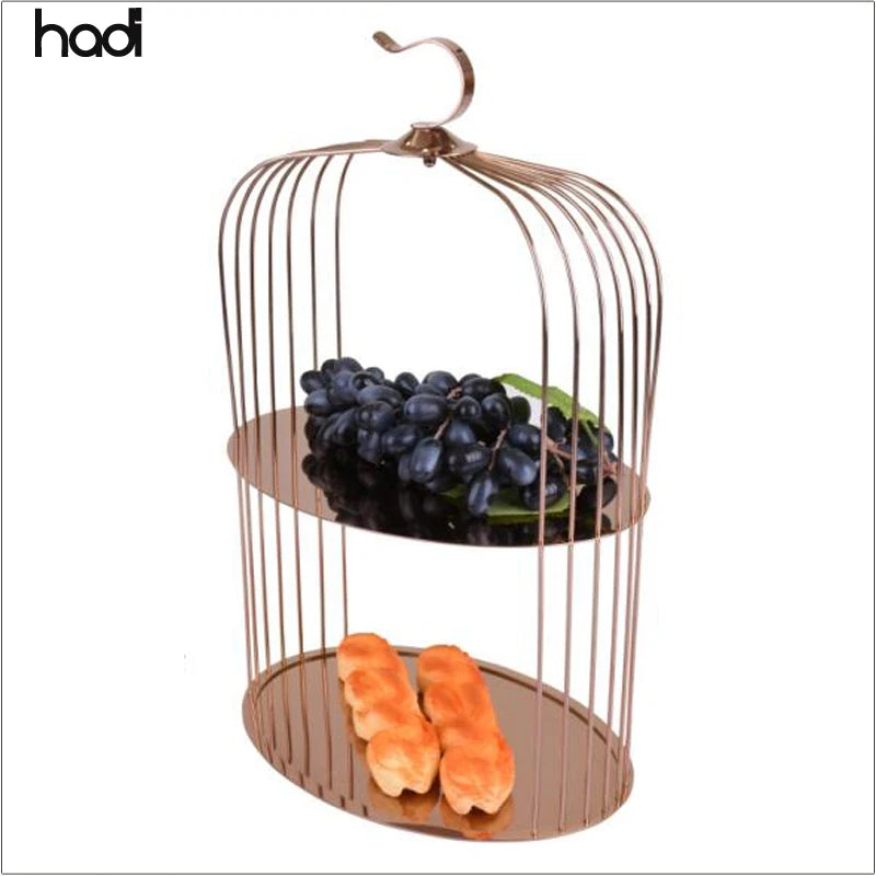 GZ HADI Luxury 2-Tier Stainless Steel Cake Stand Rose Gold Inspired Afternoon Tea Dessert Display Hotels Hanging Bird Cage